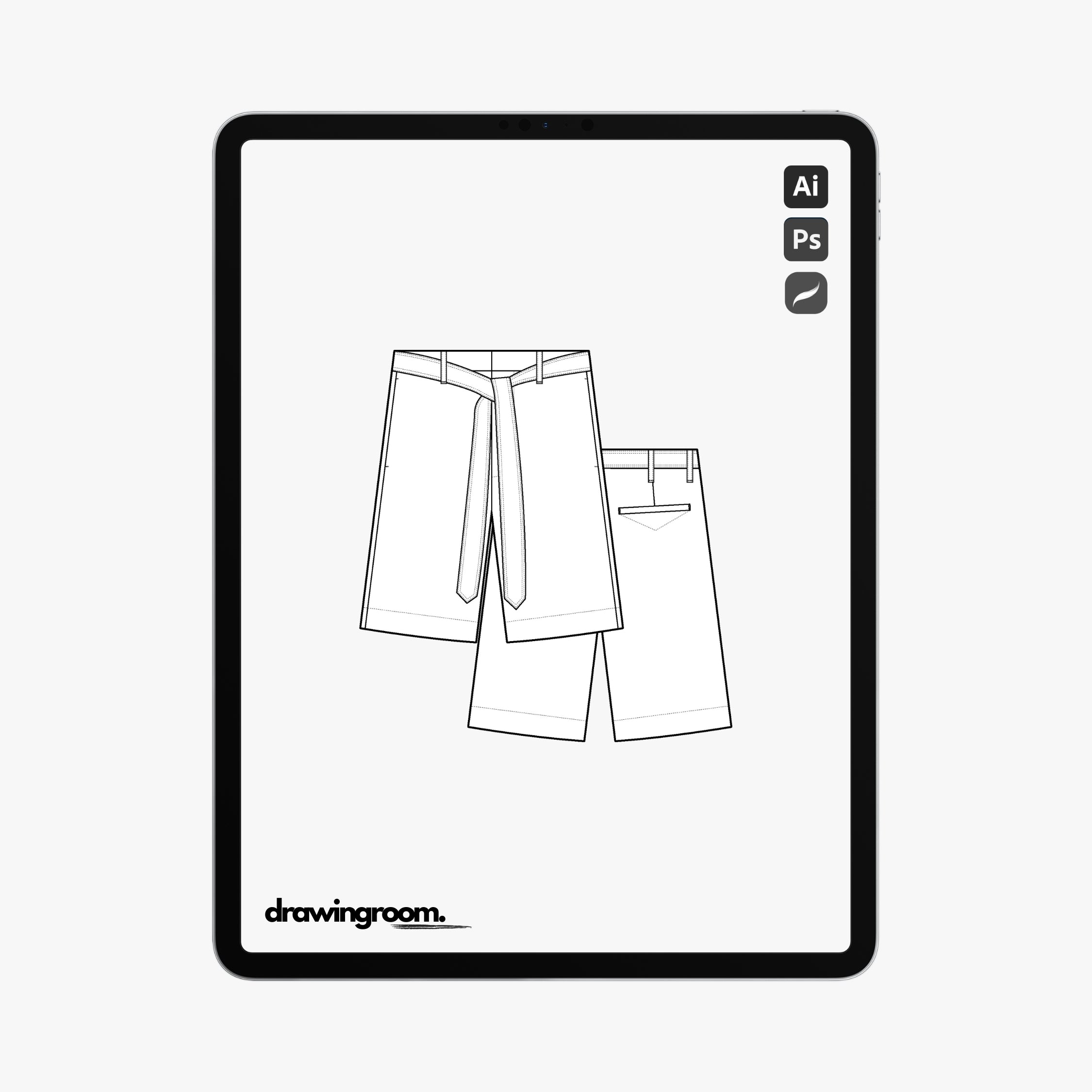 Straight Fit Trouser Shorts with Long Belt and Side Seam Pockets - Flat Mockup Vector