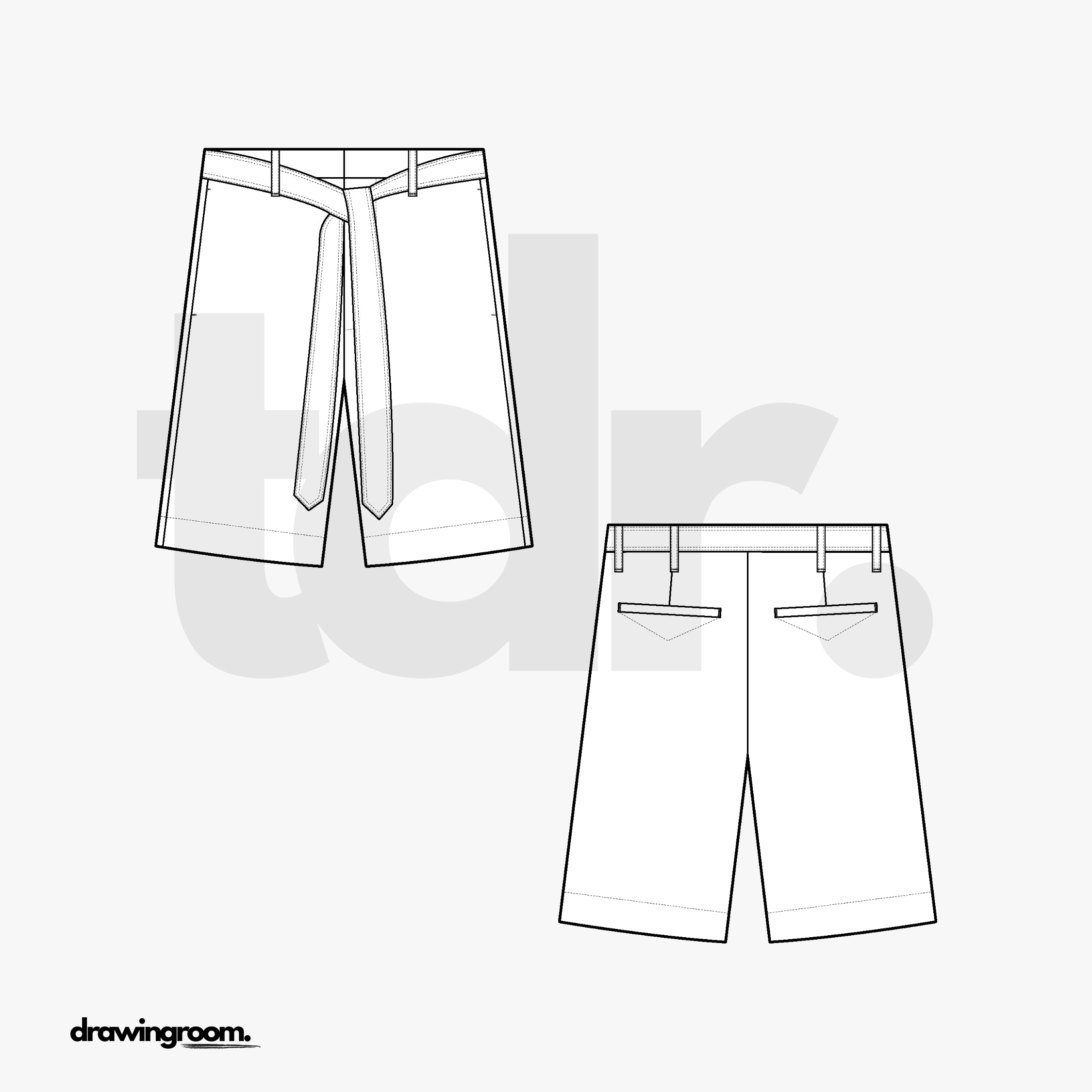 Straight Fit Trouser Shorts with Long Belt and Side Seam Pockets - Flat Mockup Vector