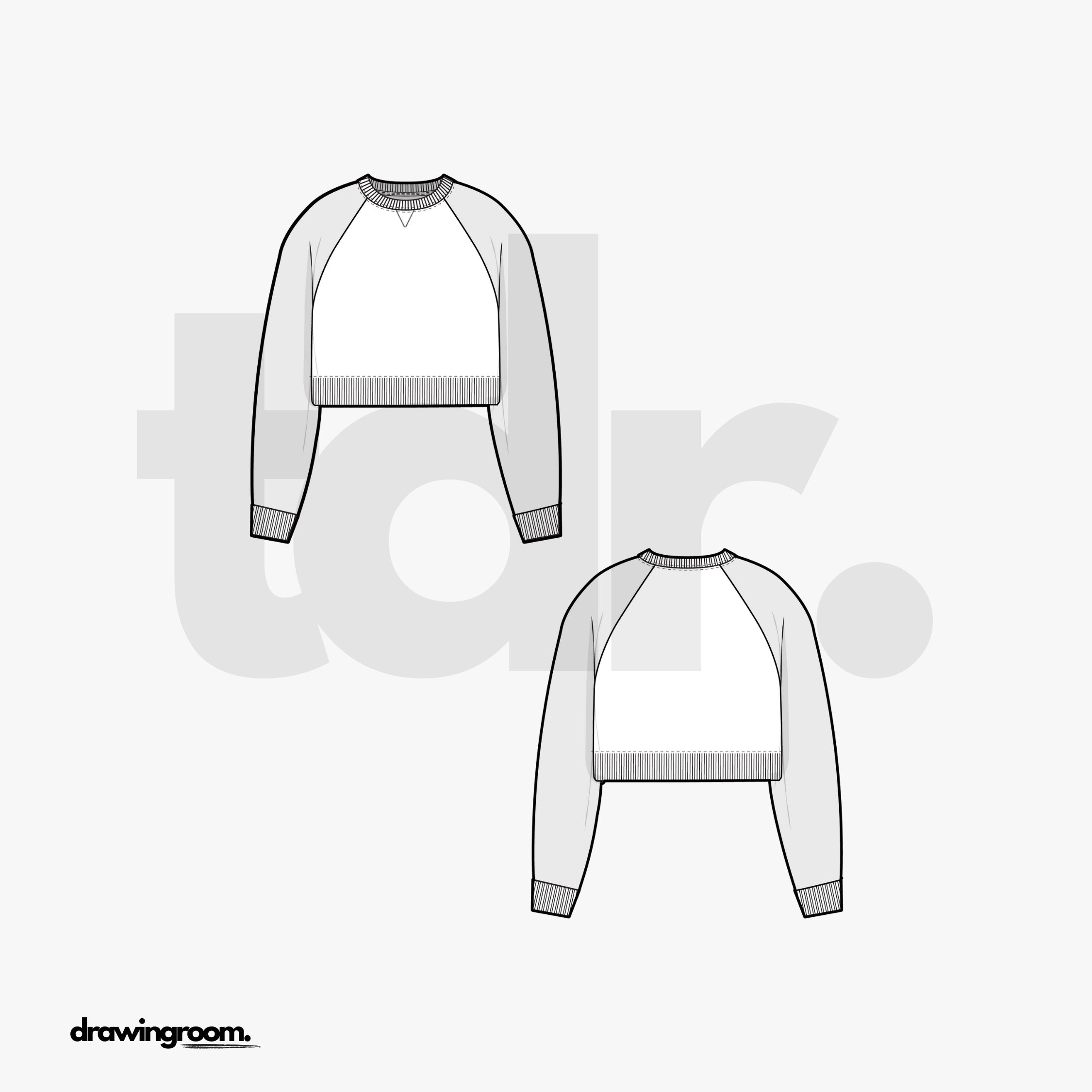 Straight Fit Ultra Cropped Raglan Crewneck Pullover with V-Notch - Flat Mockup Vector