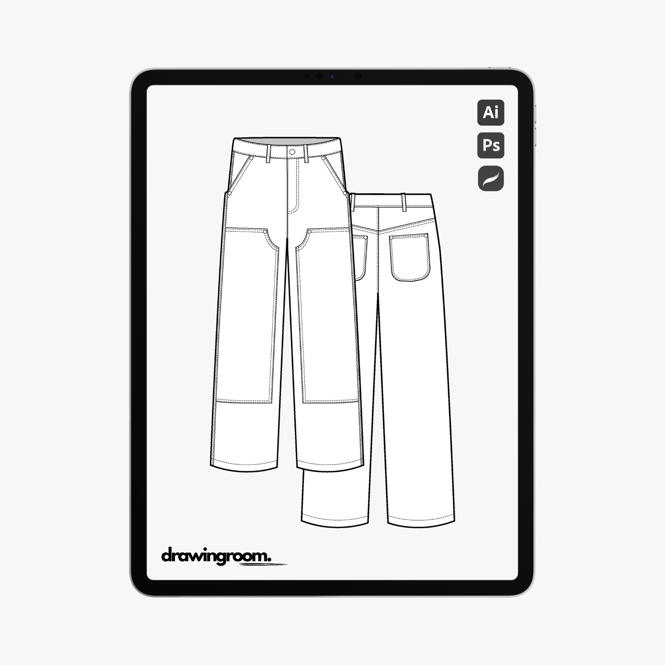 Straight Fit Workwear Pants with Front Patches - Flat Mockup Vector