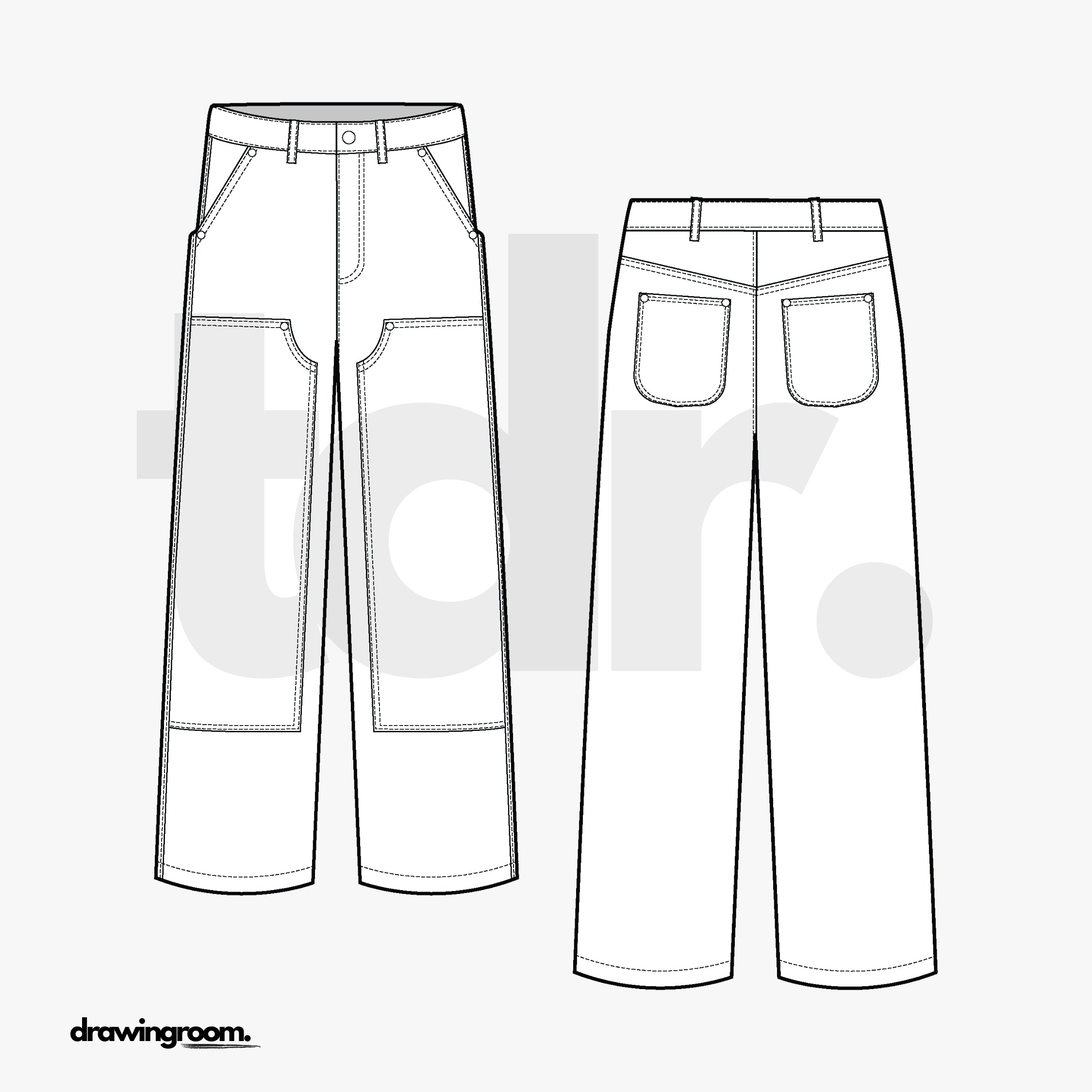 Straight Fit Workwear Pants with Front Patches - Flat Mockup Vector