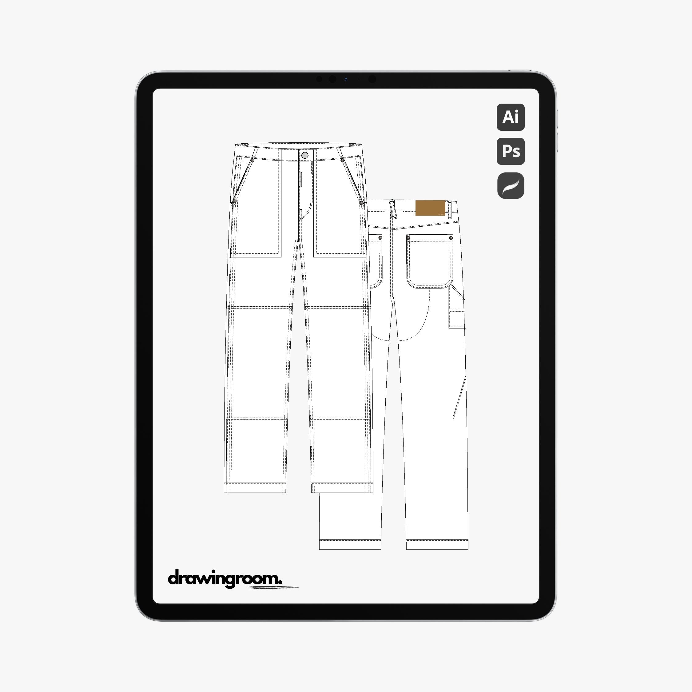 Straight Fit Workwear Pants with Pork Chop Pockets - Flat Mockup Vector