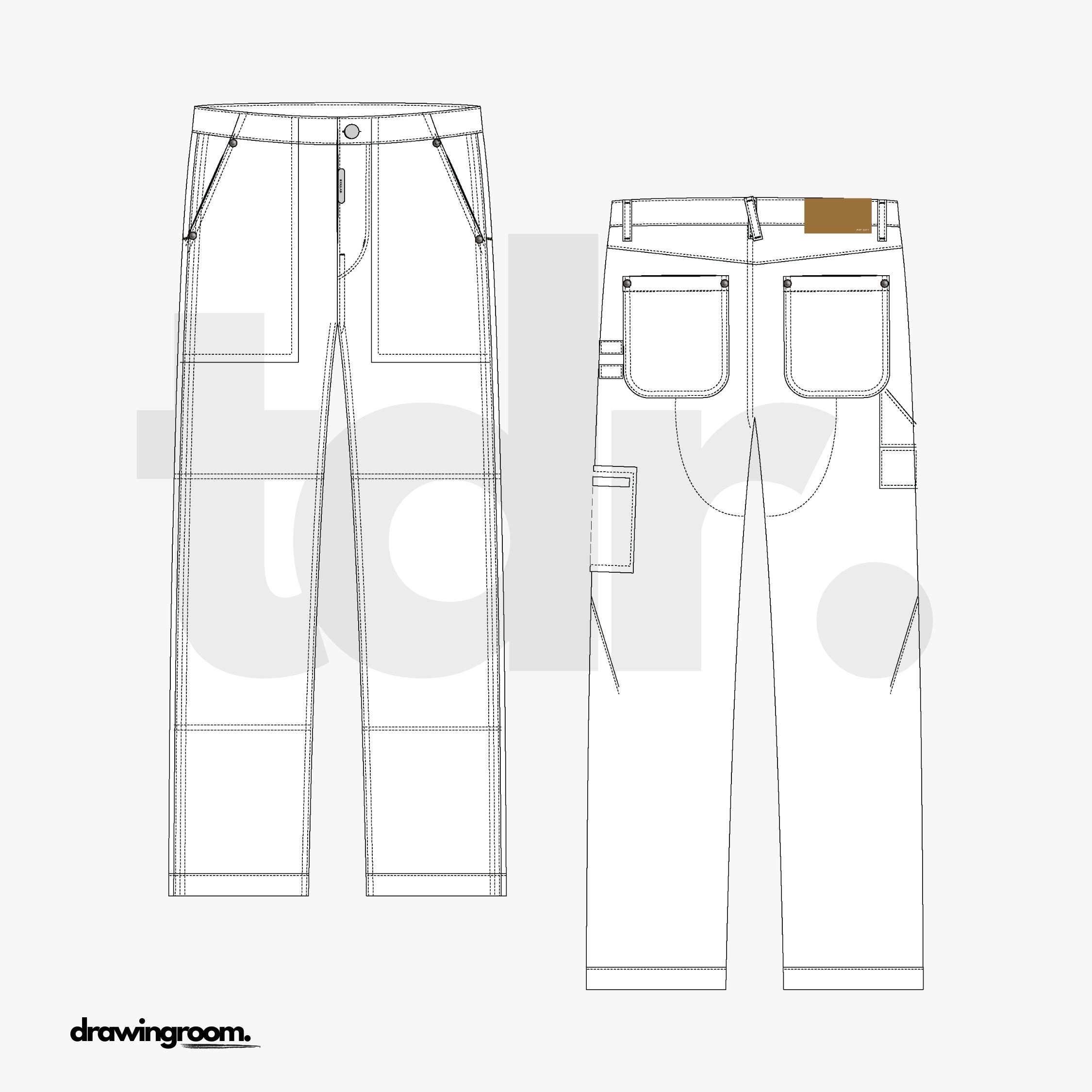 Straight Fit Workwear Pants with Pork Chop Pockets - Flat Mockup Vector