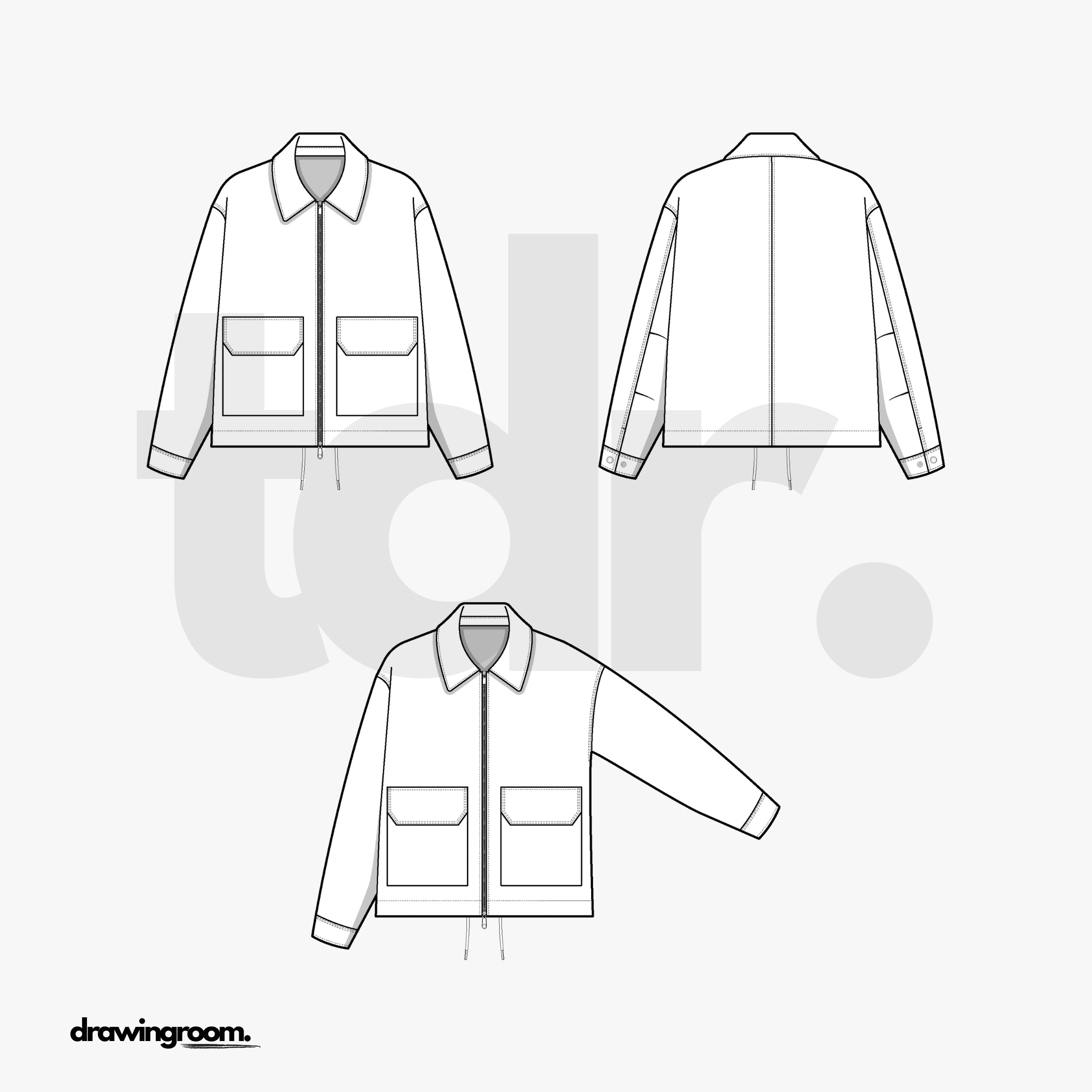 Straight Fit Zip Up Jacket with Patch Pockets and Drawstring Hem - Flat Mockup Vector