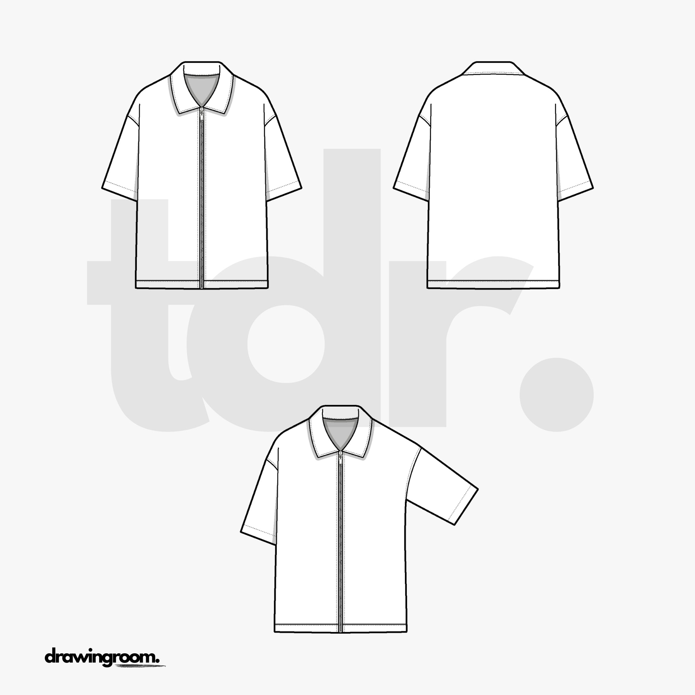 Straight Fit Zip Up Short Sleeve Shirt - Flat Mockup Vector