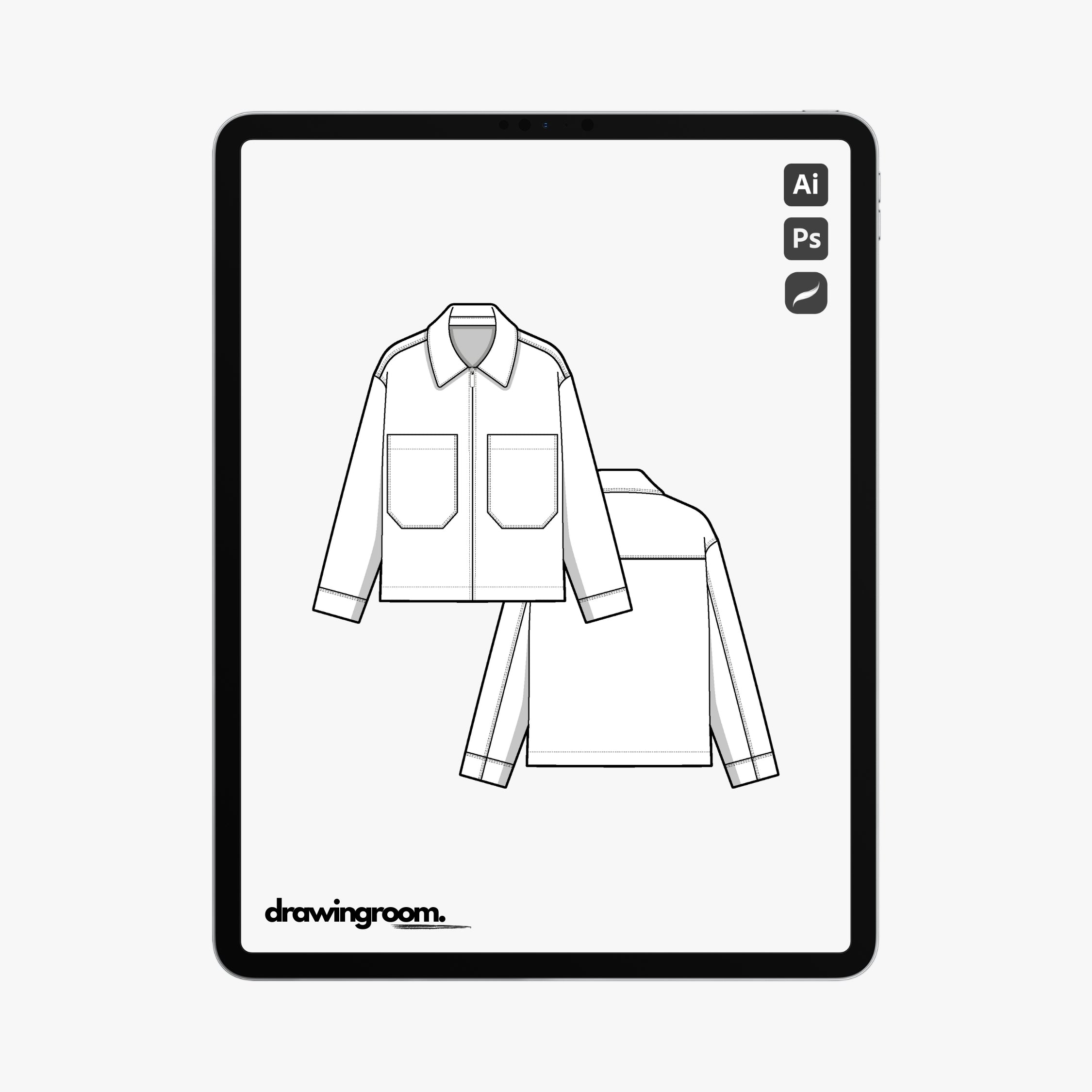 Straight Fit Zip Up Workwear Jacket with Front Patch Pockets - Flat Mockup Vector