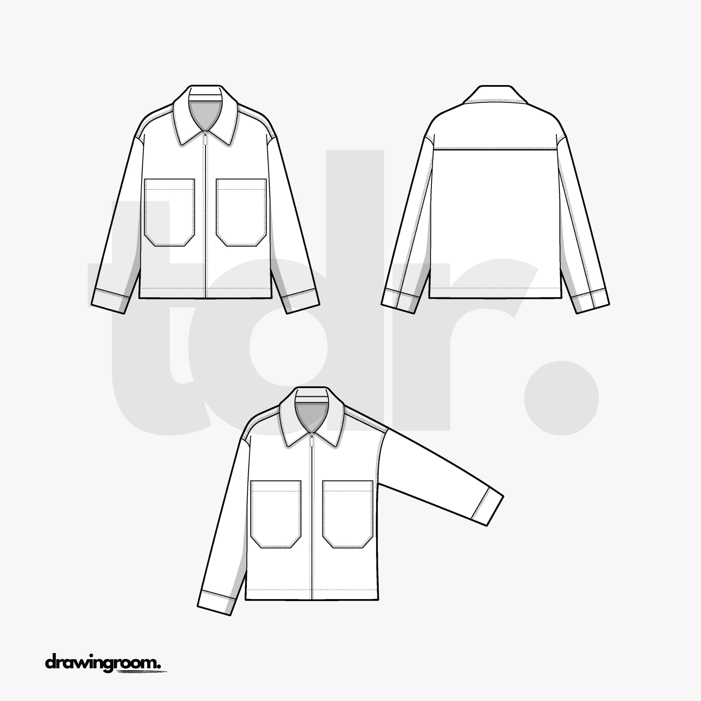 Straight Fit Zip Up Workwear Jacket with Front Patch Pockets - Flat Mockup Vector