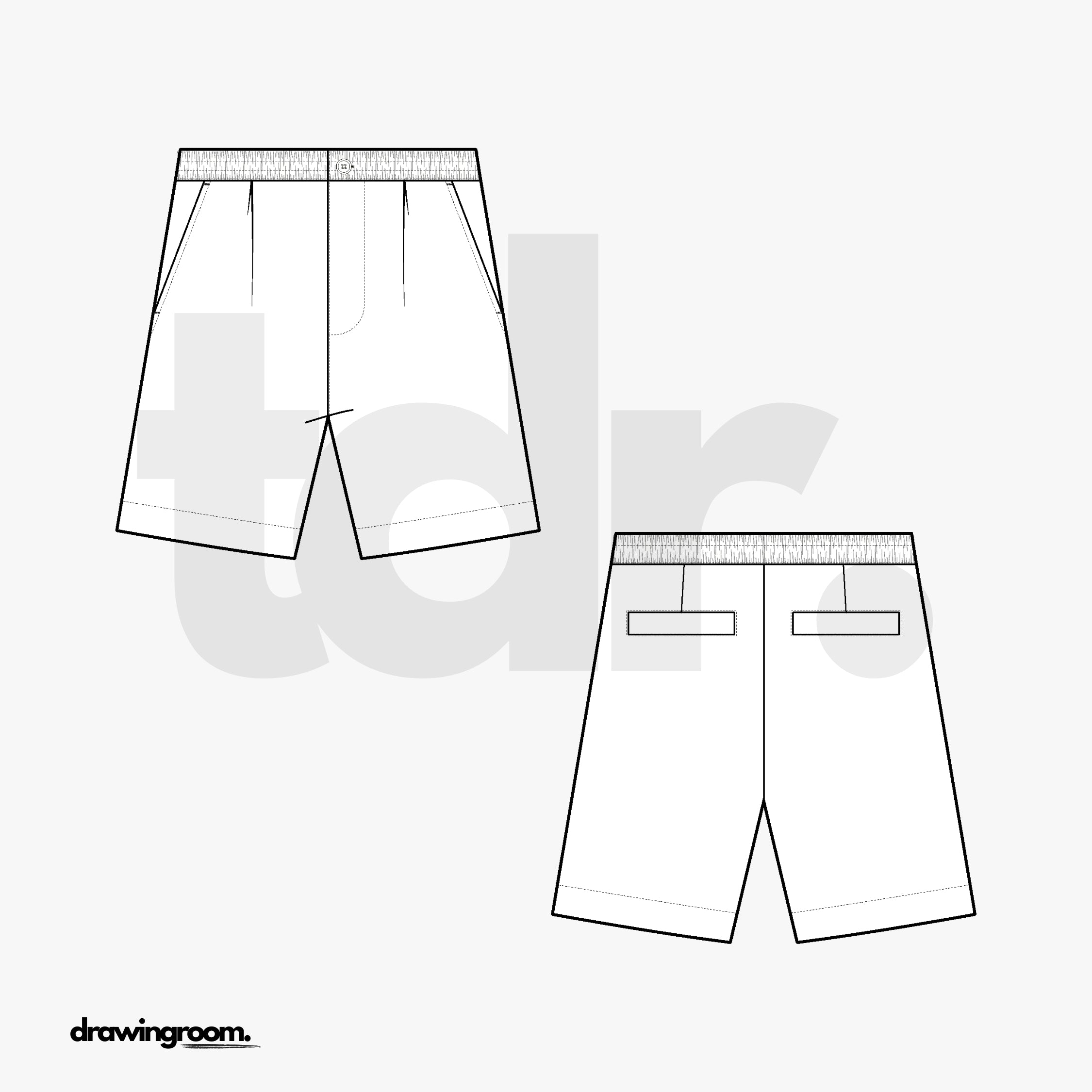 Swim Trunks with Front Pleats and Button Closure - Flat Mockup Vector