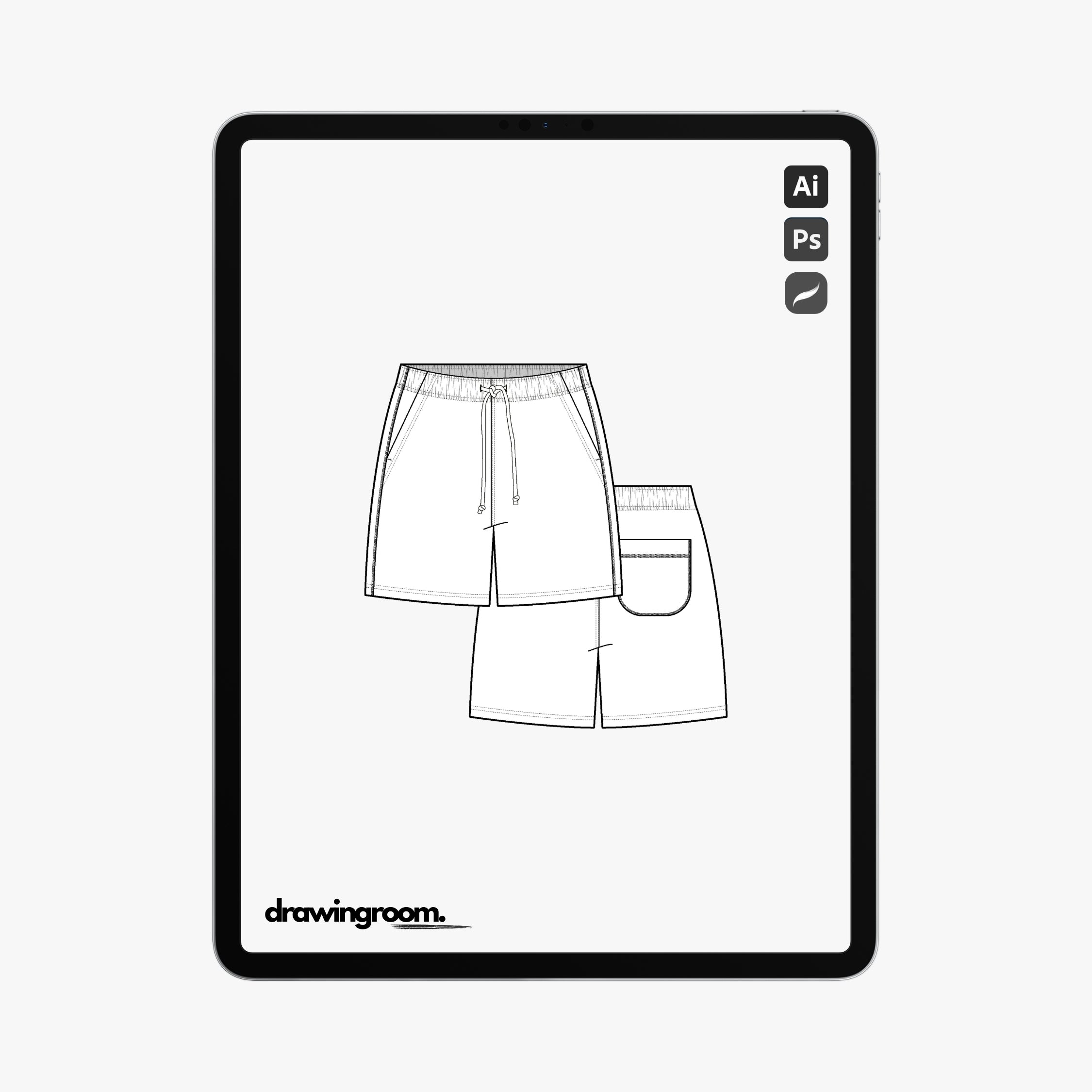 Swim Trunks with Slash Pocket and Back Patch Pocket - Flat Mockup Vector