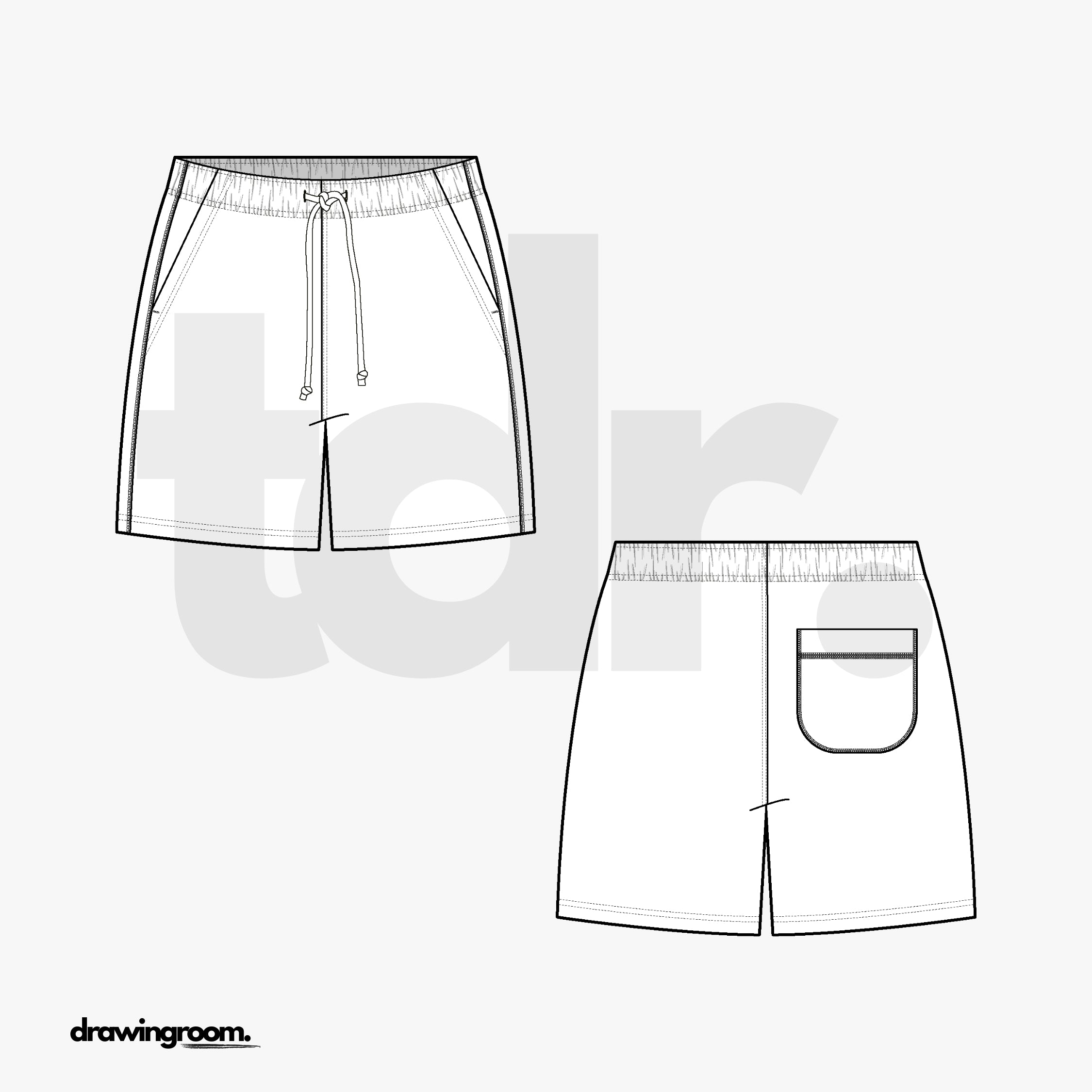 Swim Trunks with Slash Pocket and Back Patch Pocket - Flat Mockup Vector