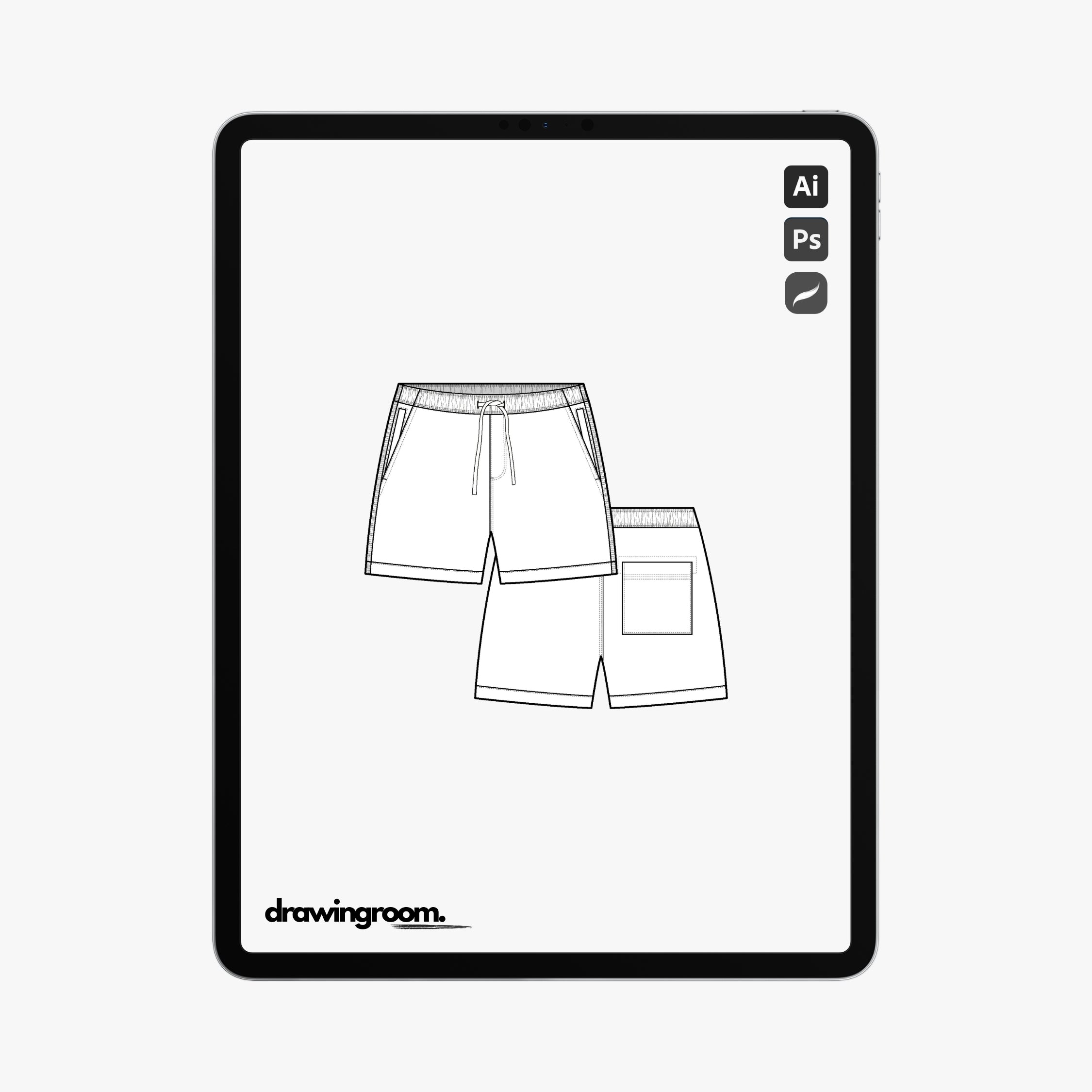 Swim Trunks with Slash Pocket and Square Back Patch Pocket - Flat Mockup Vector