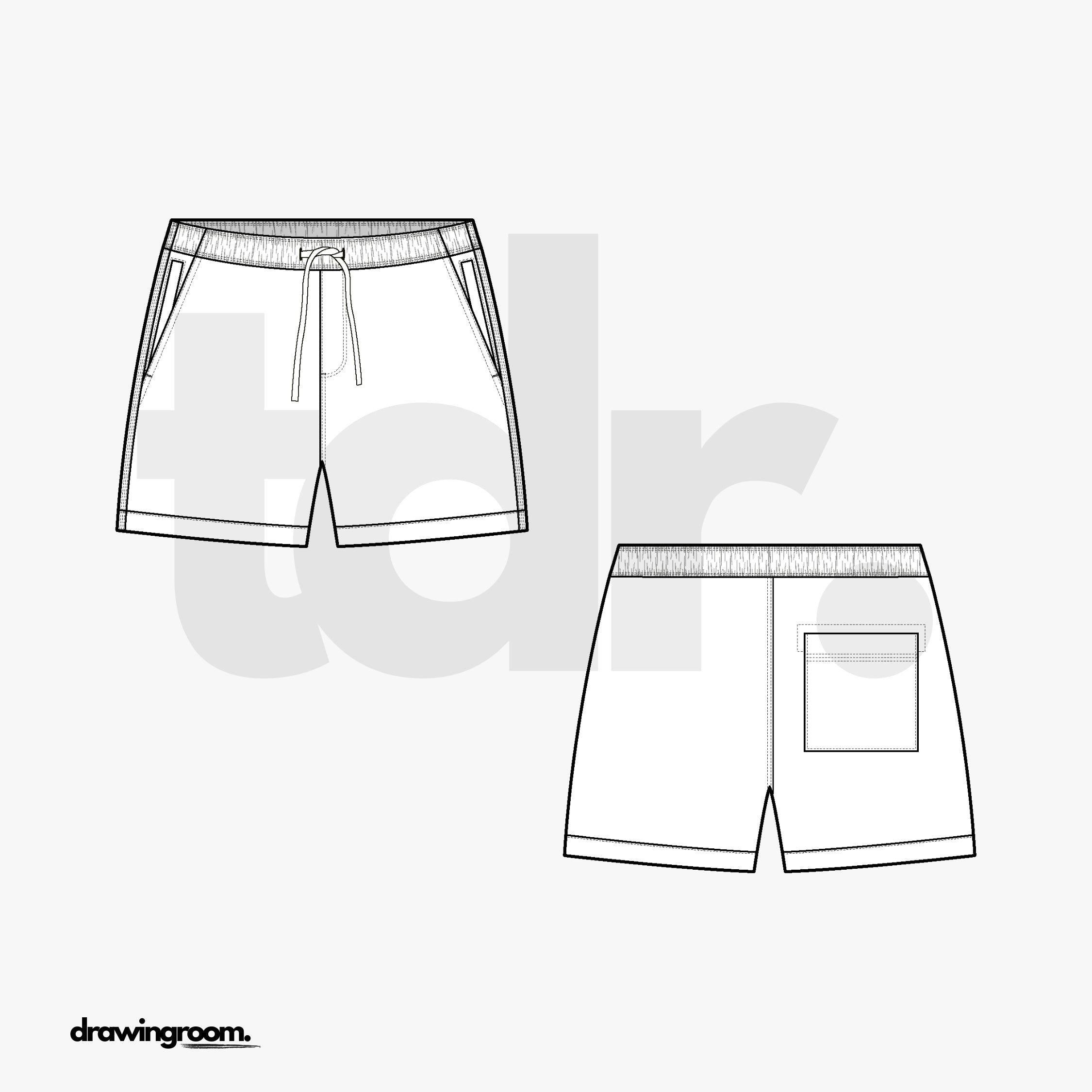 Swim Trunks with Slash Pocket and Square Back Patch Pocket - Flat Mockup Vector