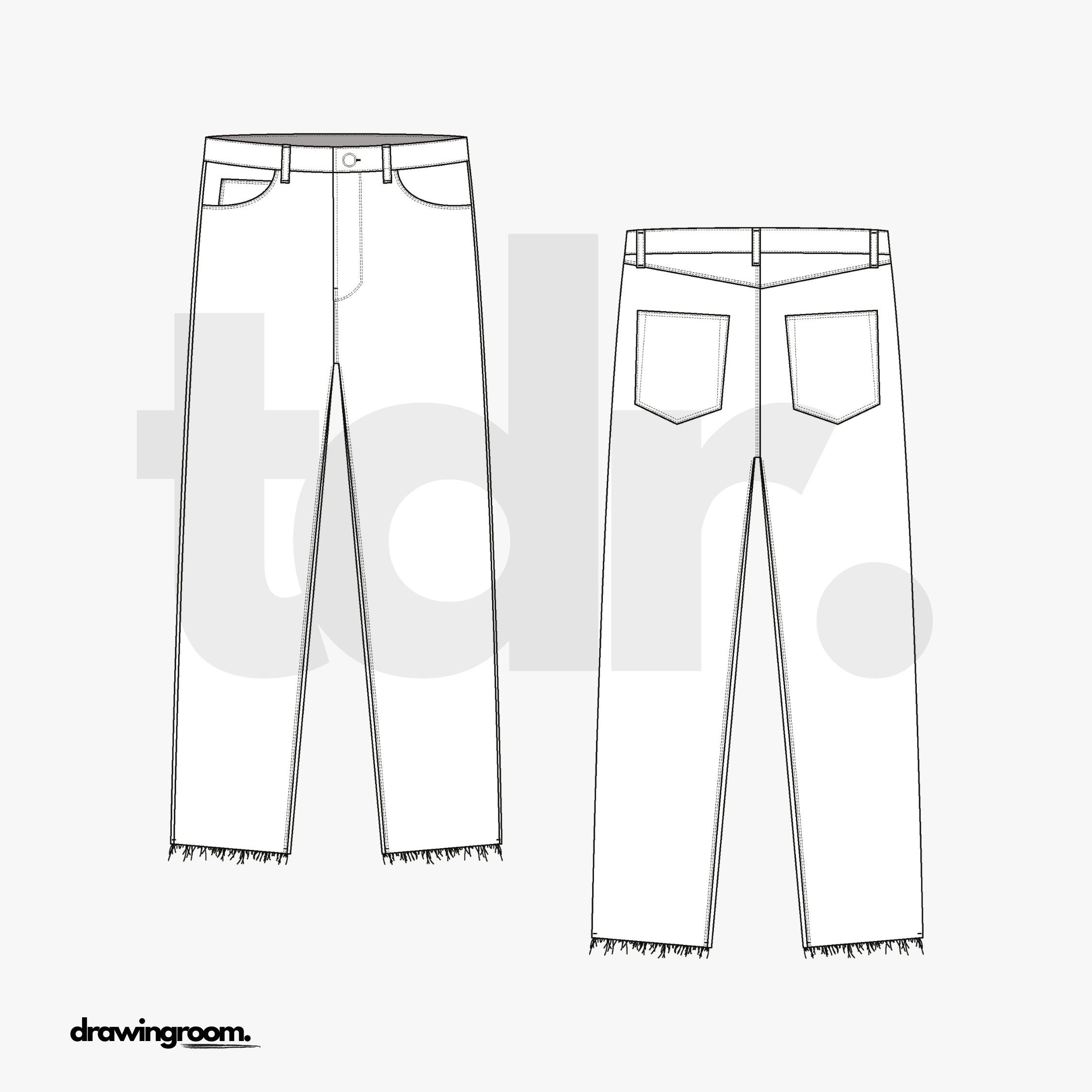 Tapered Fit Jeans with Distressed Hem - Flat Mockup Vector