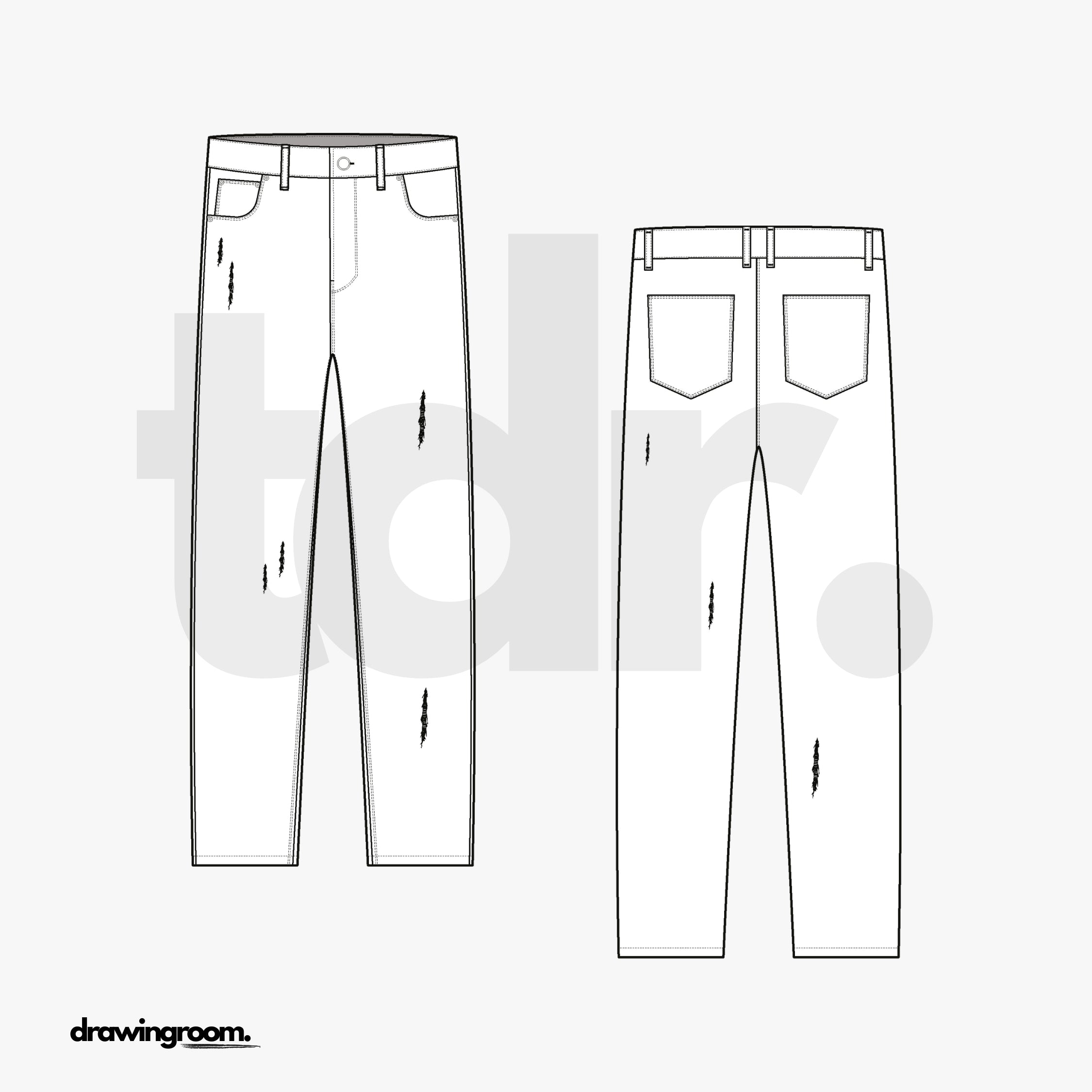 Tapered Fit Jeans with Light Distressing - Flat Mockup Vector