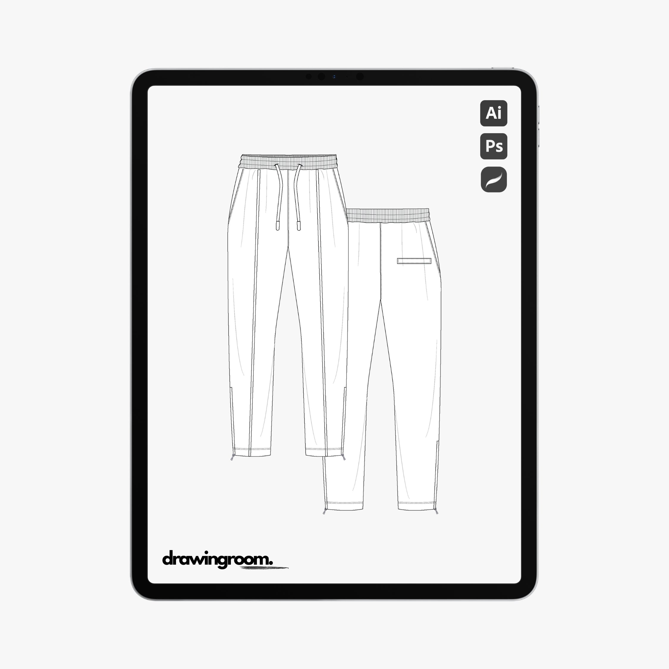 Tapered Track Pants with Front Piping and Back Welt Pocket - Flat Mockup Vector