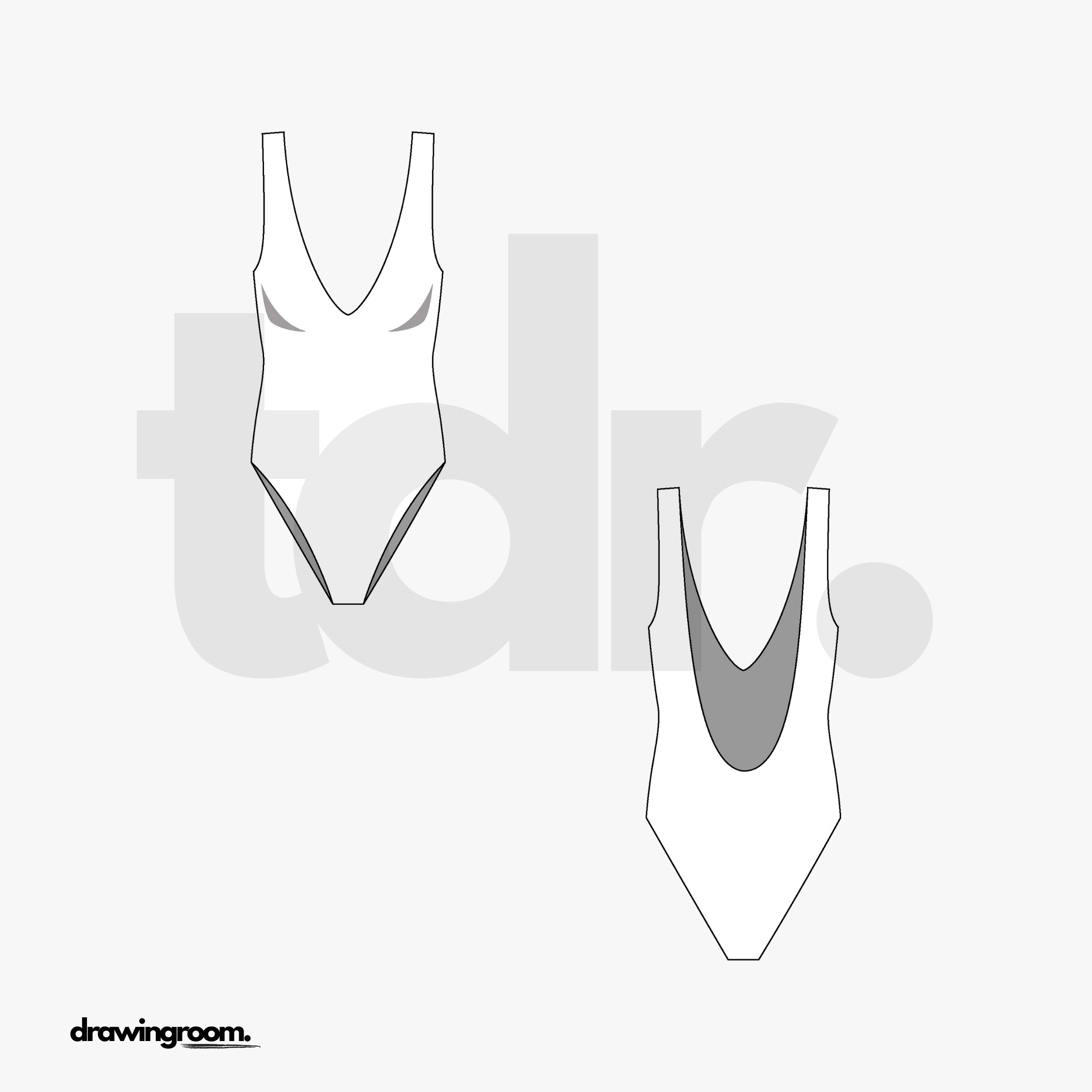 V-Neck One Piece Swim Suit with Low Back - Flat Mockup Vector