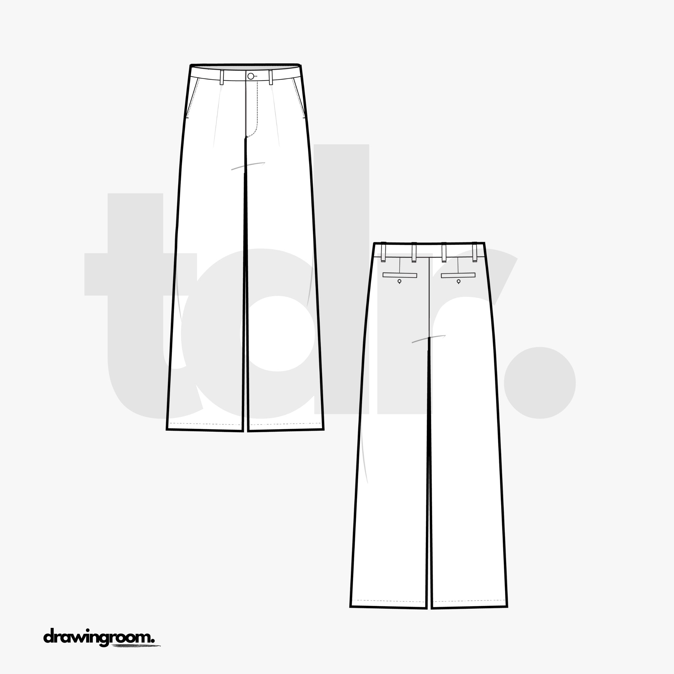 Wide Leg Fit Trousers with Back Welt Pockets - Flat Mockup Vector