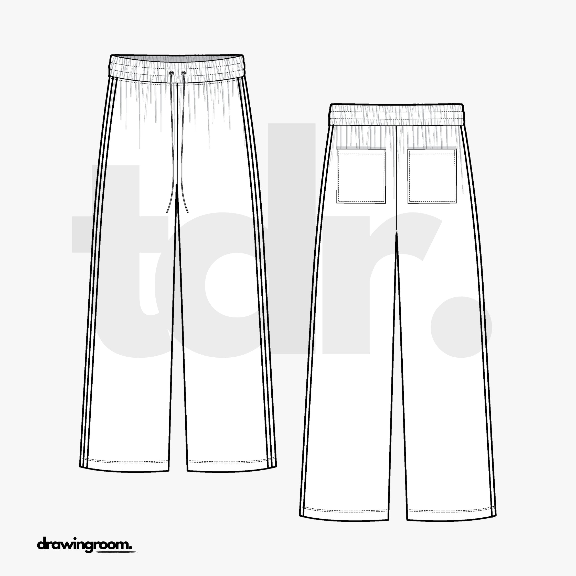 Wide Leg Track Pants with Elastic Waistband and Back Patch Pockets - Flat Mockup Vector