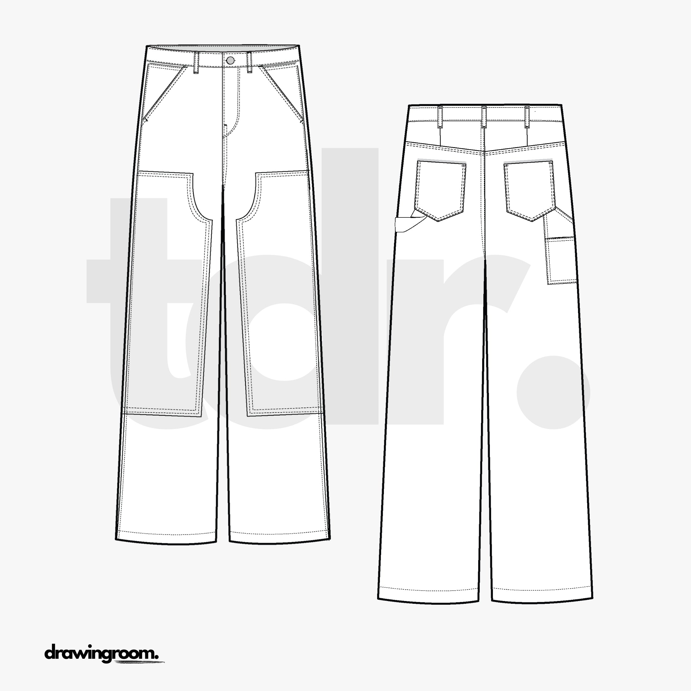 Wide Leg Workwear Pants with Front Patches - Flat Mockup Vector