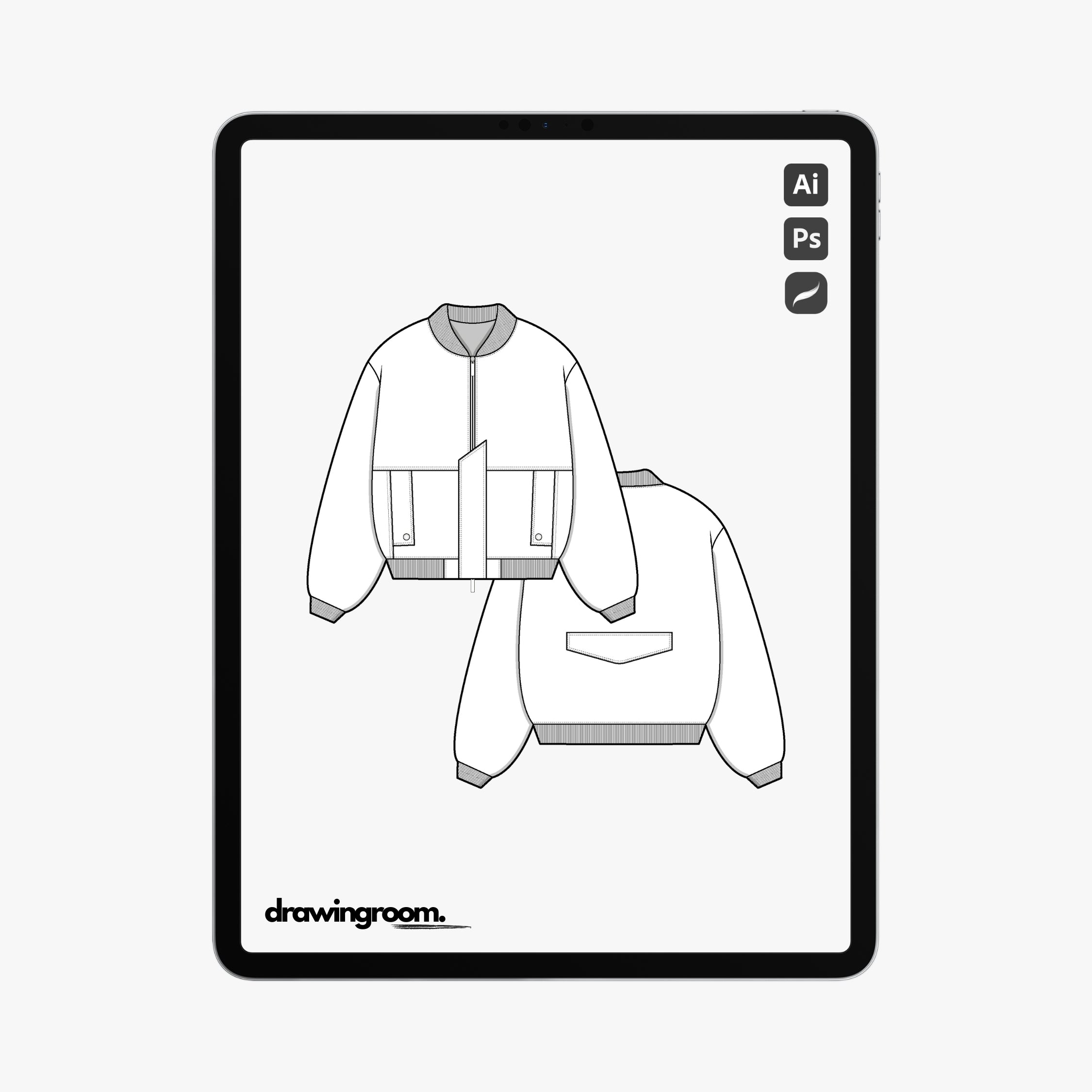 Zip Up Bomber Jacket with Half Hidden Placket Closure - Flat Mockup Vector