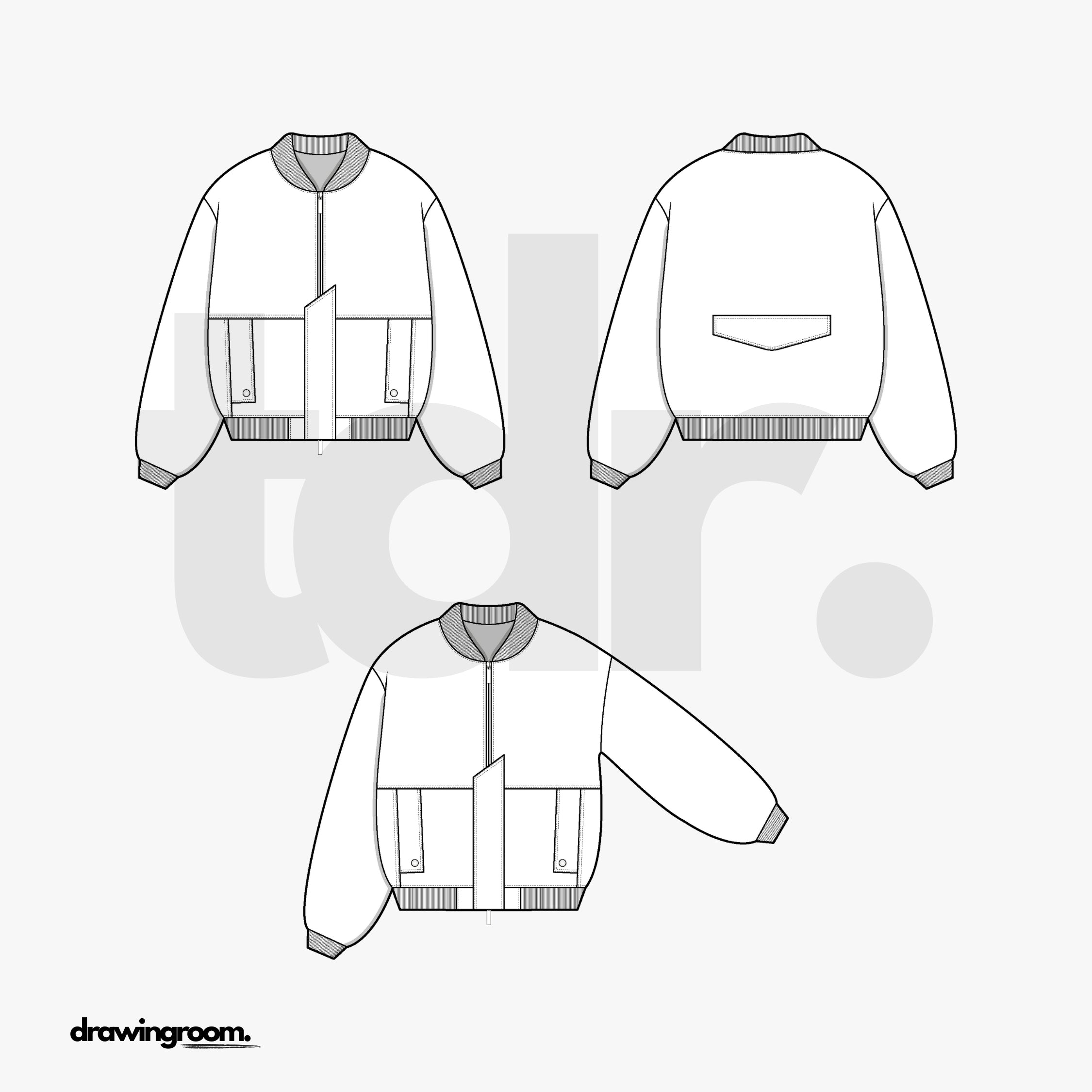 Zip Up Bomber Jacket with Half Hidden Placket Closure - Flat Mockup Vector