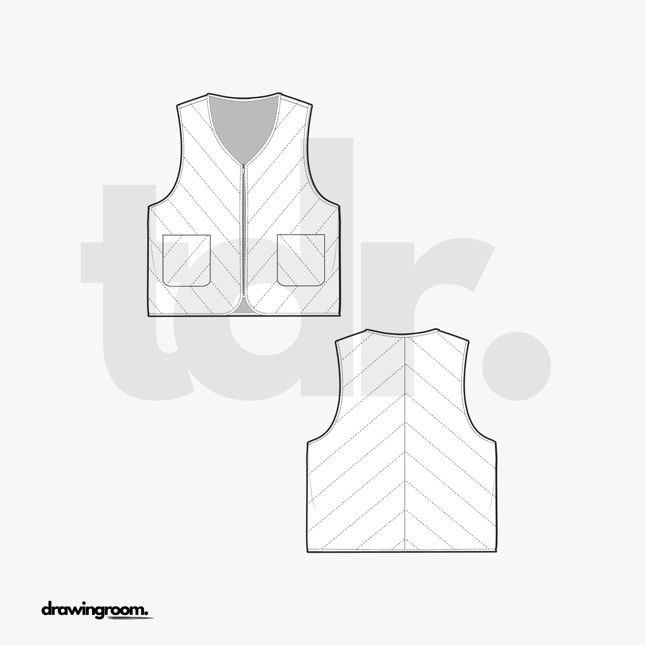 Zip Up Vest with Diagonal Stitch Details - Flat Mockup Vector